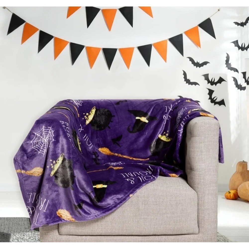 Rae Dunn Purple Soft Plush Throw Halloween Bubble Bobble Toil &Trouble Which Hat